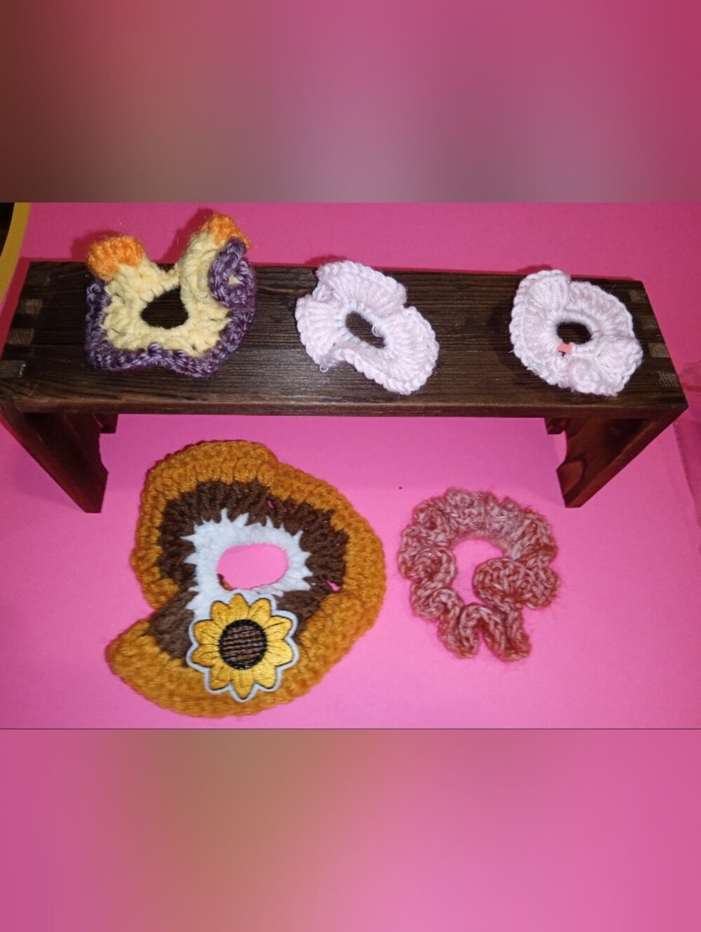 Handmade Crochet Hair Scrunchie Set - Pink, Yellow, Brown
